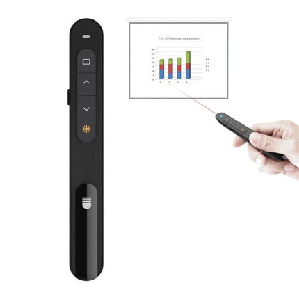Wireless Presentation Remote with Built-in Laser Pointer for Slides pointing at projected slide, black handheld presenter with navigation buttons
