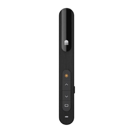 Wireless Presentation Remote with Built-in Laser Pointer for Slides — slim black presenter with slide control buttons and laser pointer