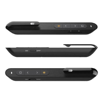 Wireless Presentation Remote with Built-in Laser Pointer for Slides – sleek black presenter with slide, laser and on/off controls