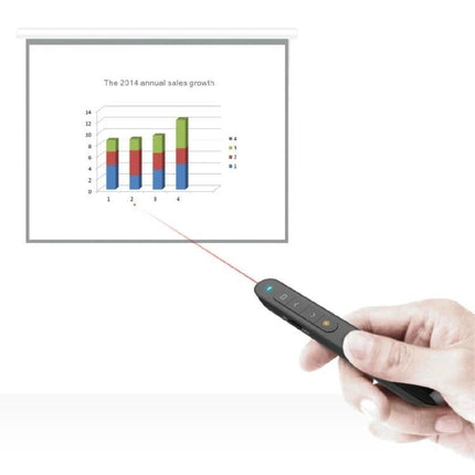 Wireless Presentation Remote with Built-in Laser Pointer for Slides in hand pointing at projection screen with chart