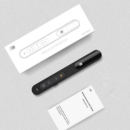 Wireless Presentation Remote with Built-in Laser Pointer for Slides - slim black presenter with slide buttons, laser button, and user manual