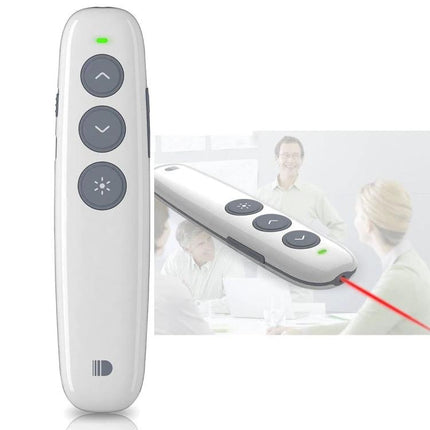 Doosl Rechargeable Wireless Presentation Remote in White showing front buttons, laser pointer and meeting use
