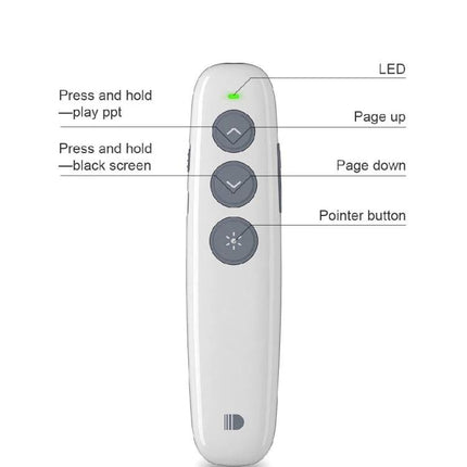 Doosl Rechargeable Wireless Presentation Remote in White showing white remote with LED, page up/down and pointer buttons