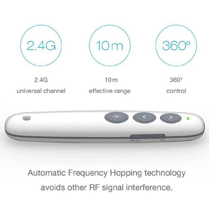 Doosl Rechargeable Wireless Presentation Remote in White on white background showing 2.4G, 10m range and 360° control with three buttons
