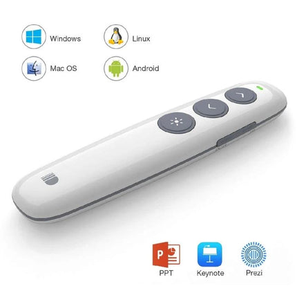 Doosl Rechargeable Wireless Presentation Remote in White showing three gray control buttons, LED indicator and compatibility icons for PowerPoint, Keynote and Prezi