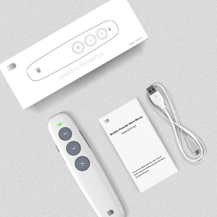 Doosl Rechargeable Wireless Presentation Remote in White with USB cable, manual and packaging shown on gray background