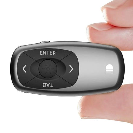 Doosl Mini Rechargeable Wireless Presentation Remote compact ergonomic presenter held between fingers, enter/tab and navigation buttons visible