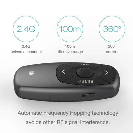 Doosl Mini Rechargeable Wireless Presentation Remote in black showing 2.4G, 100m range and 360° control with ergonomic buttons