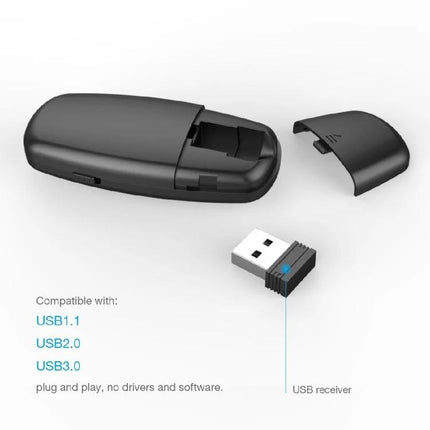 Doosl Mini Rechargeable Wireless Presentation Remote shown with USB receiver and removable back cover, compact ergonomic design for presentations