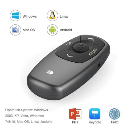 Doosl Mini Rechargeable Wireless Presentation Remote shown in black with ergonomic buttons for slide advance, compatible with Windows, Mac, Linux, Android