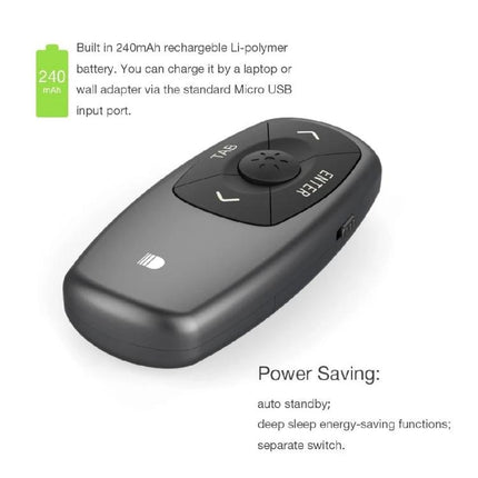 Doosl Mini Rechargeable Wireless Presentation Remote in black showing ergonomic buttons, micro USB charging and power-saving features