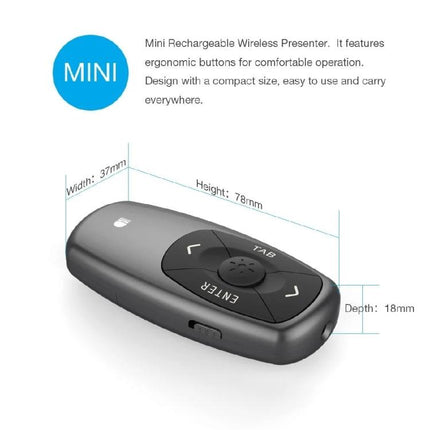 Doosl Mini Rechargeable Wireless Presentation Remote ergonomic compact presenter with navigation buttons and dimensions