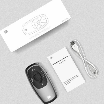 Doosl Mini Rechargeable Wireless Presentation Remote with USB cable, user manual and packaging, black ergonomic presenter for slides