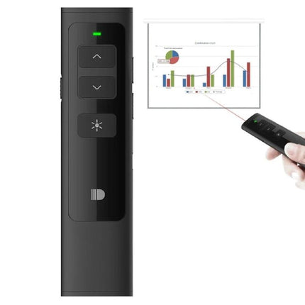 Doosl Wireless Presenter Remote for PowerPoint with Laser Pointer black remote showing buttons and laser highlighting chart on screen