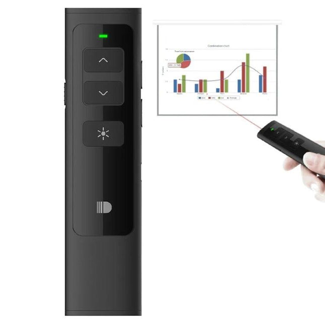 Doosl Wireless Presenter Remote for PowerPoint with Laser Pointer black remote showing buttons and laser highlighting chart on screen