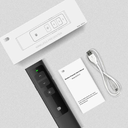 Doosl Wireless Presenter Remote for PowerPoint with Laser Pointer showing remote, USB charging cable, user manual and packaging