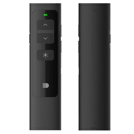 Doosl Wireless Presenter Remote for PowerPoint with Laser Pointer shown front and back, black presentation clicker with up/down and laser buttons