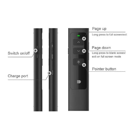Doosl Wireless Presenter Remote for PowerPoint with Laser Pointer showing buttons for page up, page down, pointer, power switch and charge port