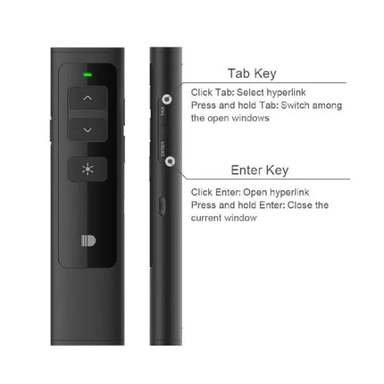 Doosl Wireless Presenter Remote for PowerPoint with Laser Pointer - black remote front and side view showing tab and enter keys and laser button