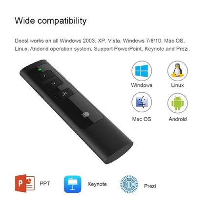 Doosl Wireless Presenter Remote for PowerPoint with Laser Pointer showing black remote, compatibility icons for Windows Mac OS Linux Android and support for PowerPoint Keynote Prezi