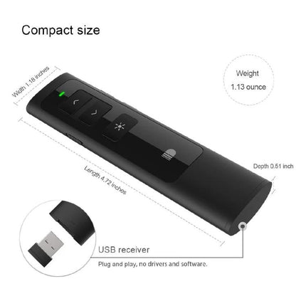 Doosl Wireless Presenter Remote for PowerPoint with Laser Pointer compact black presenter showing buttons, USB receiver and dimensions