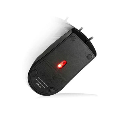 Lenovo M120 Pro Ergonomic Wired Mouse for Office Work showing underside with red optical sensor and wired cable