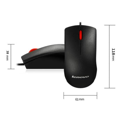 Lenovo M120 Pro Ergonomic Wired Mouse for Office Work – black wired ergonomic office mouse side and top view with dimensions