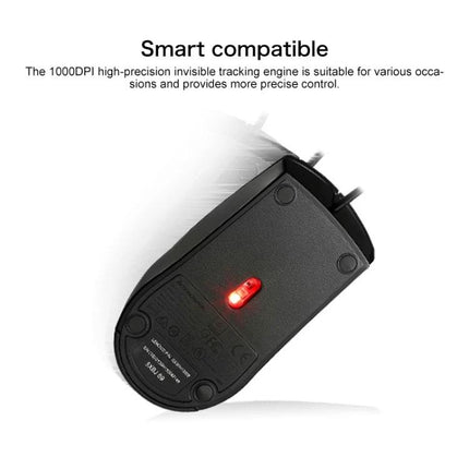 Lenovo M120 Pro Ergonomic Wired Mouse for Office Work showing underside with red optical sensor and ergonomic contour