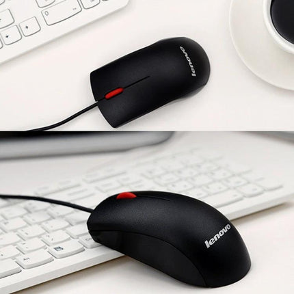 Lenovo M120 Pro Ergonomic Wired Mouse for Office Work black wired ergonomic mouse on desk with keyboard and coffee