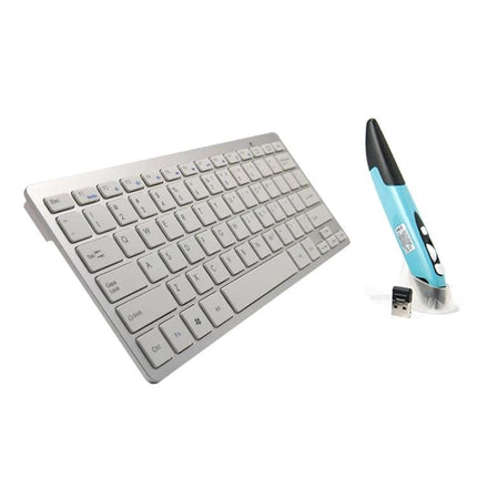Wireless Keyboard and Optical Pen Mouse Set for Everyday Computing slim silver keyboard with blue pen mouse and USB dongle