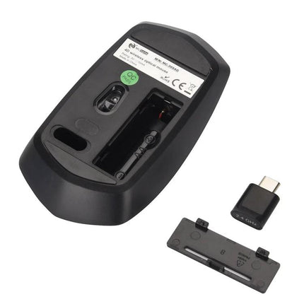 MCSaite USB-C Wireless Optical Mouse for Everyday Computing showing underside view, battery compartment and USB-C receiver