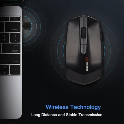 MCSaite USB-C Wireless Optical Mouse for Everyday Computing black wireless mouse beside laptop showing USB-C connectivity and stable transmission