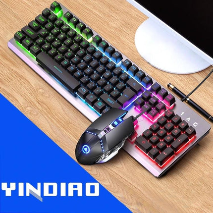 YINDIAO Wired RGB Backlight Keyboard and Mouse Set - compact wired keyboard with RGB backlight and ergonomic gaming mouse on desk