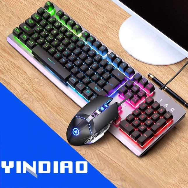 YINDIAO Wired RGB Backlight Keyboard and Mouse Set - compact wired keyboard with RGB backlight and ergonomic gaming mouse on desk