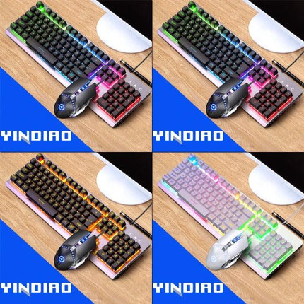 YINDIAO Wired RGB Backlight Keyboard and Mouse Set with multicolor backlit keys and ergonomic wired mouse on wooden desk