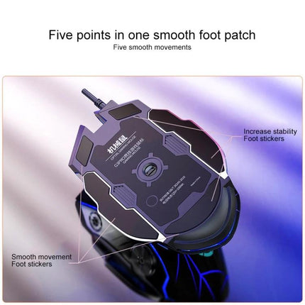 YINDIAO Wired RGB Backlight Keyboard and Mouse Set gaming mouse underside showing five-point foot stickers for smooth movement and increased stability