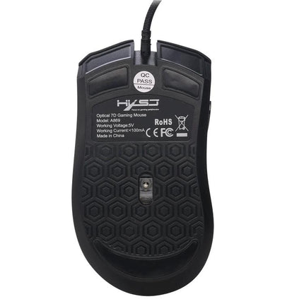HXSJ Ergonomic Wired Gaming Mouse with Colorful Glowing Lights showing underside with textured grip, sensor window, and certification labels