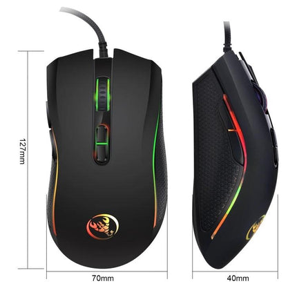 HXSJ Ergonomic Wired Gaming Mouse with Colorful Glowing Lights black ergonomic RGB wired mouse top and side views with dimensions 127x70x40mm