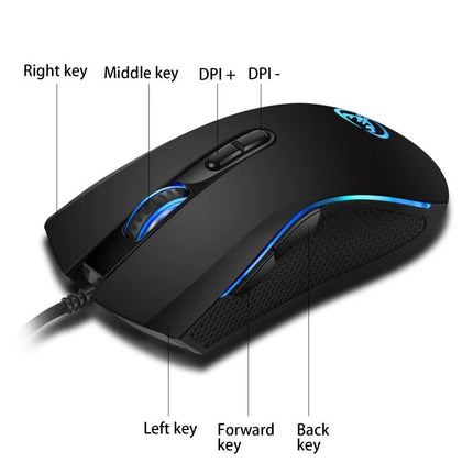 HXSJ Ergonomic Wired Gaming Mouse with Colorful Glowing Lights - black ergonomic wired gaming mouse with DPI buttons, side forward/back keys and blue RGB lighting