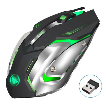 HXSJ Wireless Ergonomic Gaming Mouse for Everyday Computing — sleek black and silver wireless mouse with green LED accents and 2.4GHz USB receiver