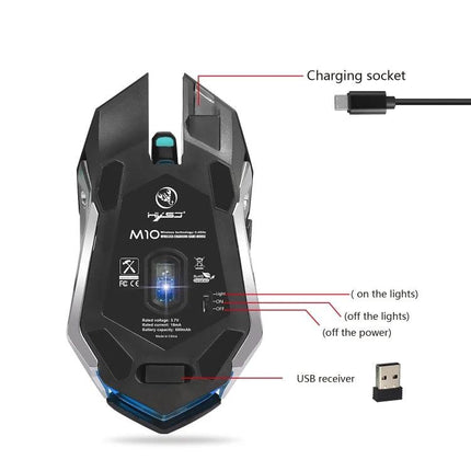 HXSJ Wireless Ergonomic Gaming Mouse for Everyday Computing showing underside view, charging socket, USB receiver and LED power switch labels