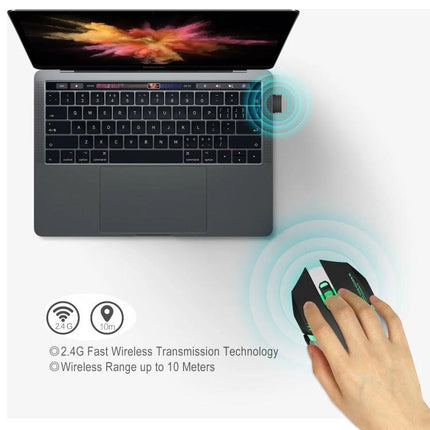 HXSJ Wireless Ergonomic Gaming Mouse for Everyday Computing showing 2.4GHz USB dongle and wireless use with laptop