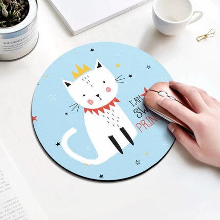 Circular Princess Cat Pattern Mouse Pad, 22cm Diameter - blue round mouse pad with cute crowned white cat design and hand using wireless mouse
