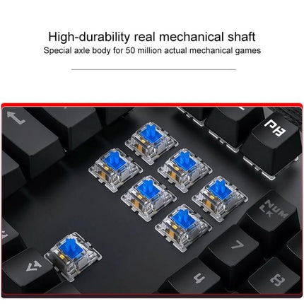 YINDIAO Black Mechanical Gaming Keyboard with Tea Shaft close-up of blue mechanical Tea Shaft switches and 104-key layout for gaming and typing