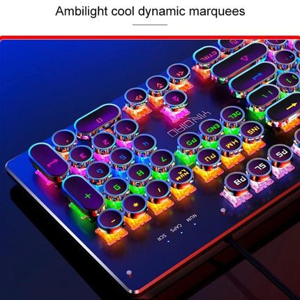 YINDIAO Black Mechanical Gaming Keyboard with Tea Shaft showing 104-key retro round keycaps and vibrant RGB ambilight backlighting