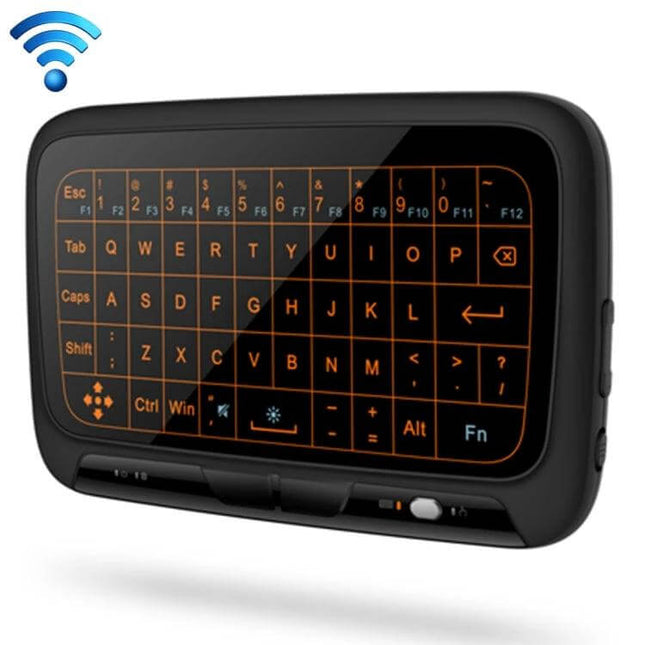 H18+ Compact Wireless Keyboard for TV Control with Touchpad shown angled with illuminated touchpad keyboard for smart TV and streaming control