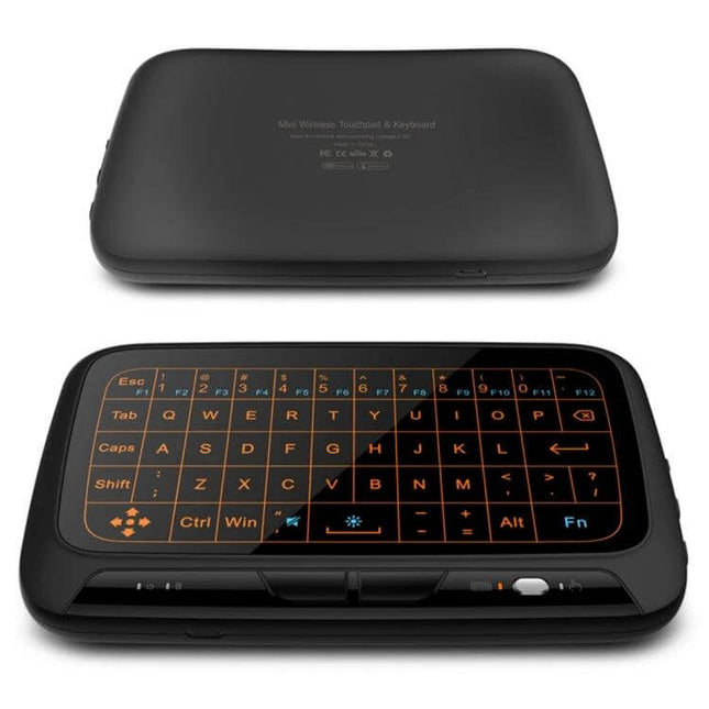 H18+ Compact Wireless Keyboard for TV Control with Touchpad shown front and back with illuminated keys and built-in touchpad