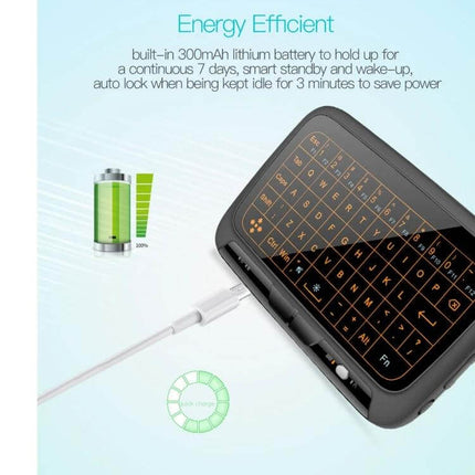 H18+ Compact Wireless Keyboard for TV Control with Touchpad showing compact design, backlit touchpad keys and USB charging cable