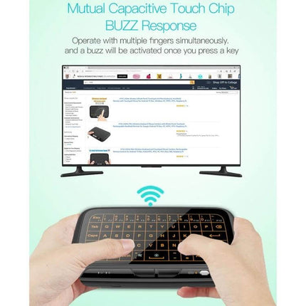 H18+ Compact Wireless Keyboard for TV Control with Touchpad showing hands using built-in touchpad to navigate a smart TV screen