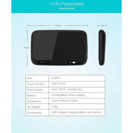 H18+ Compact Wireless Keyboard for TV Control with Touchpad shown with dimensions 142x90x19mm and specs table